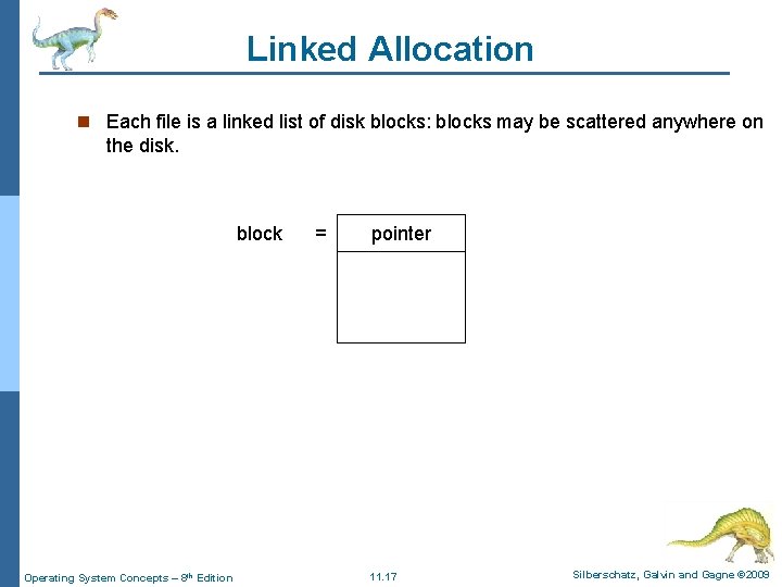 Linked Allocation n Each file is a linked list of disk blocks: blocks may