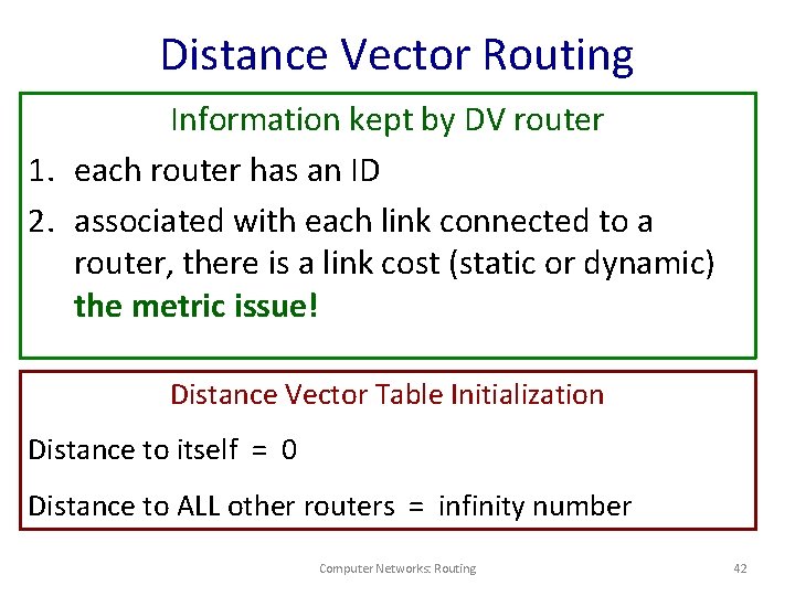 Distance Vector Routing Information kept by DV router 1. each router has an ID