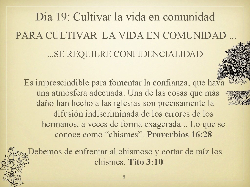 Día 19: Cultivar la vida en comunidad PARA CULTIVAR LA VIDA EN COMUNIDAD. .