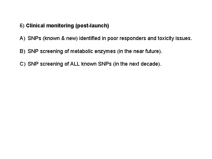 6) Clinical monitoring (post-launch) A) SNPs (known & new) identified in poor responders and