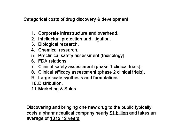 Categorical costs of drug discovery & development 1. Corporate infrastructure and overhead. 2. Intellectual