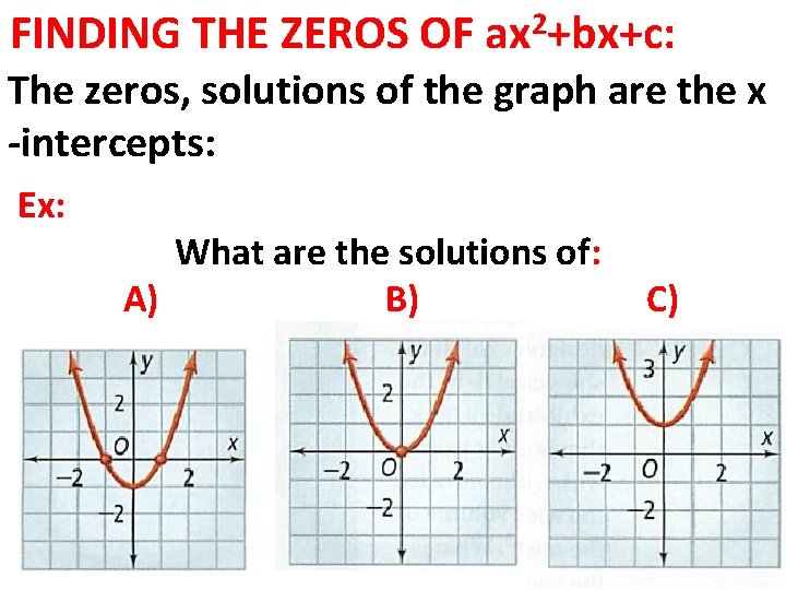 FINDING THE ZEROS OF 2 ax +bx+c: The zeros, solutions of the graph are