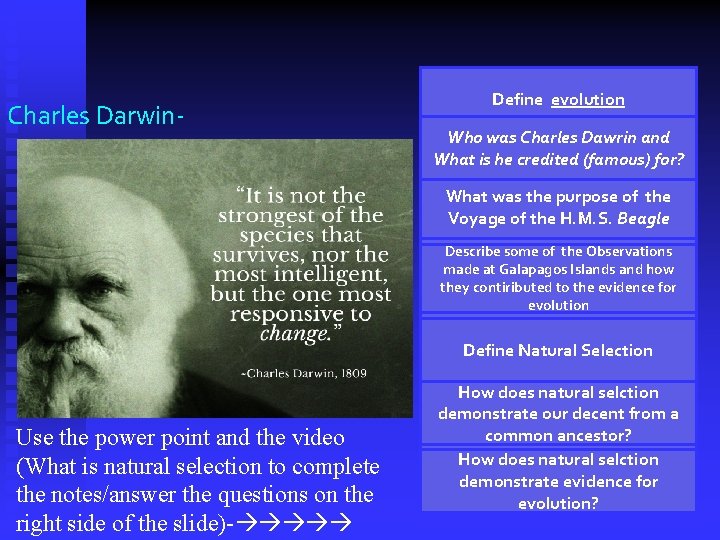 Charles Darwin- Define evolution Who was Charles Dawrin and What is he credited (famous) Charles Darwin- Define evolution Who was Charles Dawrin and What is he credited (famous)