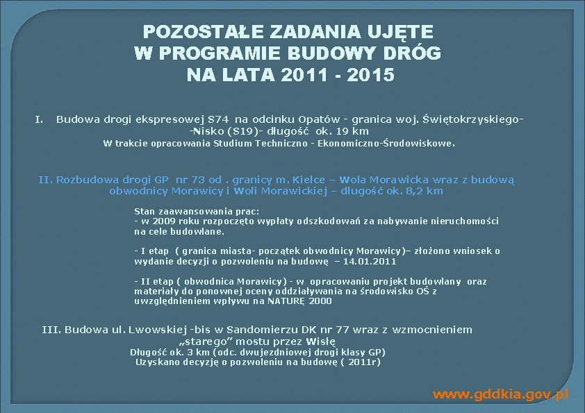 POZOSTAŁE ZADANIA UJĘTE W PROGRAMIE BUDOWY DRÓG NA LATA 2011 - 2015 I. Budowa