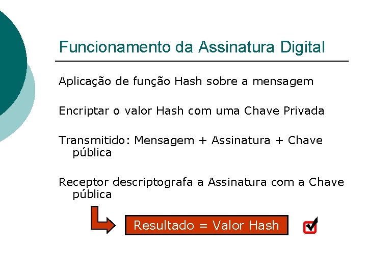 Funcionamento da Assinatura Digital Aplicação de função Hash sobre a mensagem Encriptar o valor