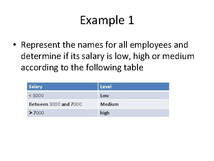 Example 1 • Represent the names for all employees and determine if its salary