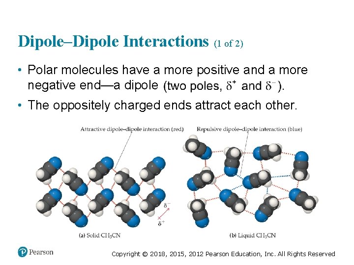 Dipole–Dipole Interactions (1 of 2) • Polar molecules have a more positive and a