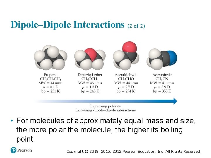 Dipole–Dipole Interactions (2 of 2) • For molecules of approximately equal mass and size,