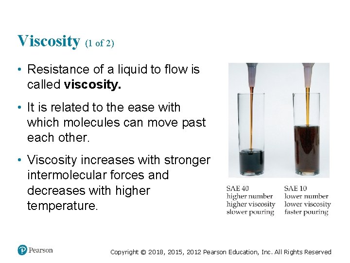 Viscosity (1 of 2) • Resistance of a liquid to flow is called viscosity.