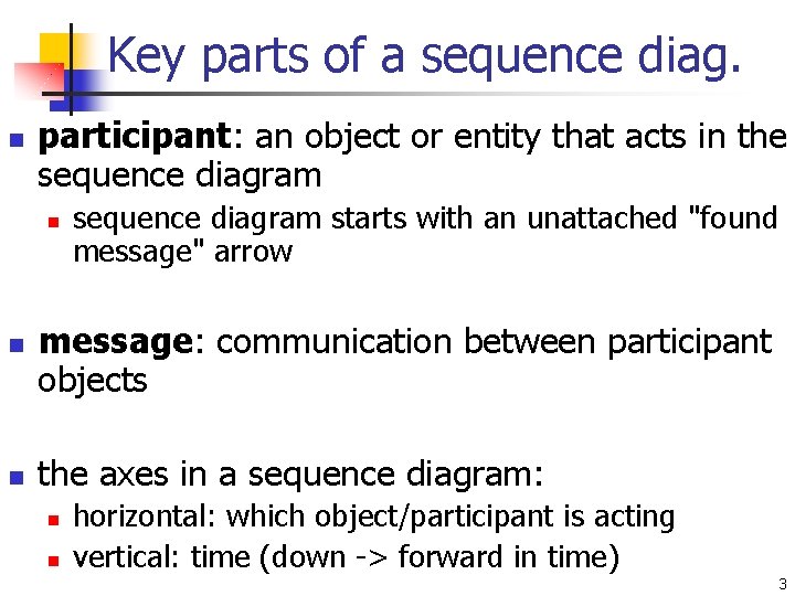 Key parts of a sequence diag. n participant: an object or entity that acts