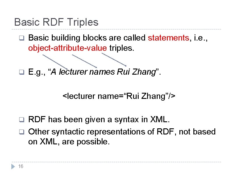 Basic RDF Triples q Basic building blocks are called statements, i. e. , object-attribute-value