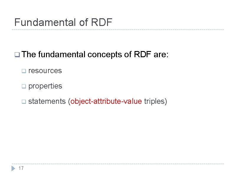 Fundamental of RDF q The fundamental concepts of RDF are: q resources q properties