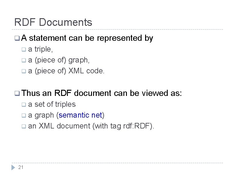 RDF Documents q. A statement can be represented by qa triple, q a (piece