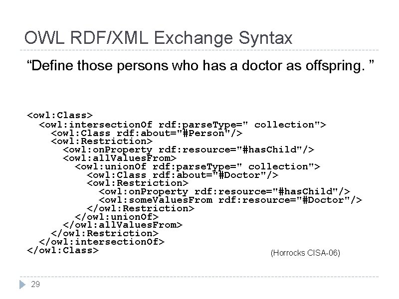 OWL RDF/XML Exchange Syntax “Define those persons who has a doctor as offspring. ”