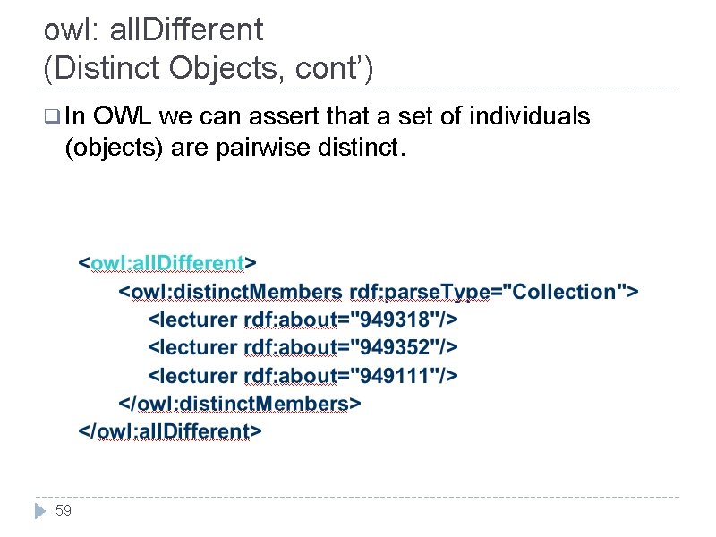 owl: all. Different (Distinct Objects, cont’) q In OWL we can assert that a