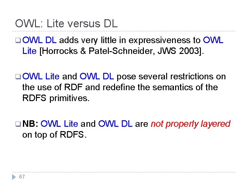 OWL: Lite versus DL q OWL DL adds very little in expressiveness to OWL