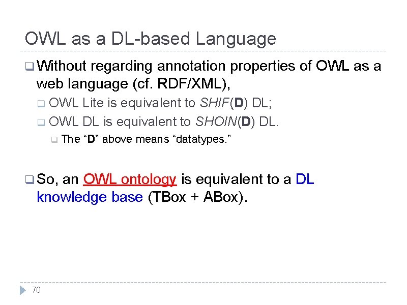 OWL as a DL-based Language q Without regarding annotation properties of OWL as a