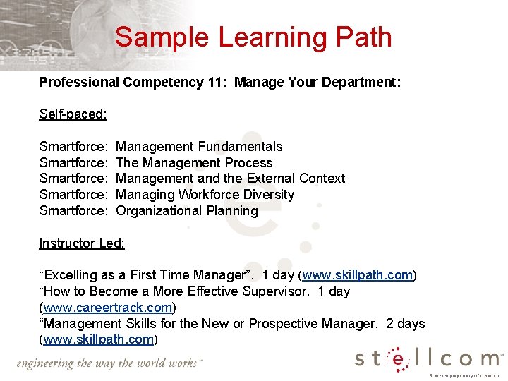 Sample Learning Path Professional Competency 11: Manage Your Department: Self-paced: Smartforce: Smartforce: Management Fundamentals