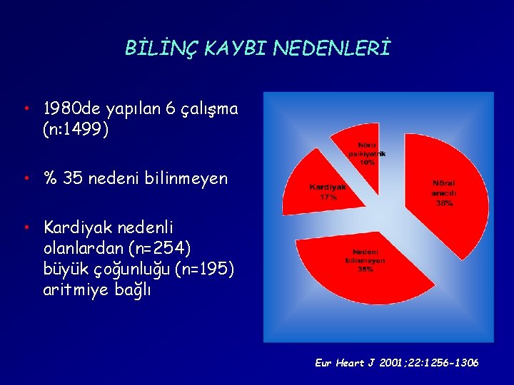 BİLİNÇ KAYBI NEDENLERİ • 1980 de yapılan 6 çalışma (n: 1499) • % 35