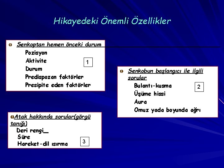 Hikayedeki Önemli Özellikler Senkoptan hemen önceki durum Pozisyon Aktivite 1 Durum Predispozan faktörler Presipite