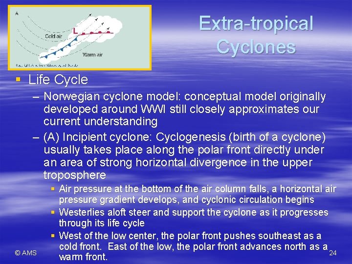 Extra-tropical Cyclones § Life Cycle – Norwegian cyclone model: conceptual model originally developed around