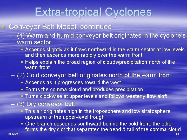 Extra-tropical Cyclones § Conveyor Belt Model, continued – (1) Warm and humid conveyor belt