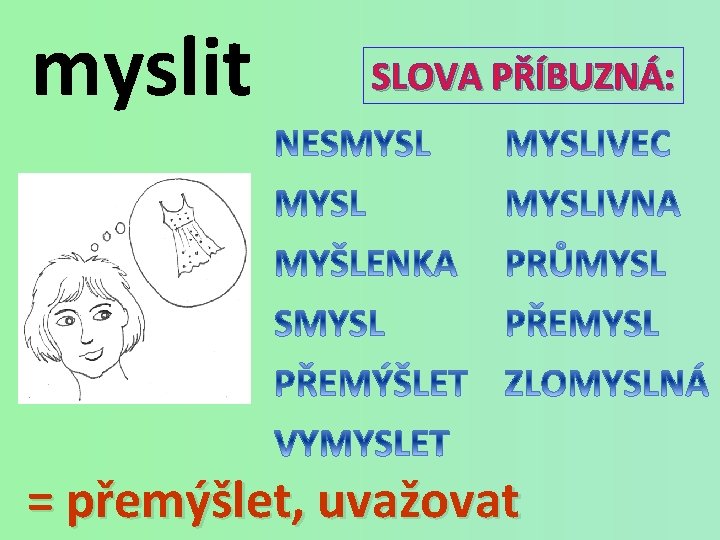myslit SLOVA PŘÍBUZNÁ: = přemýšlet, uvažovat 
