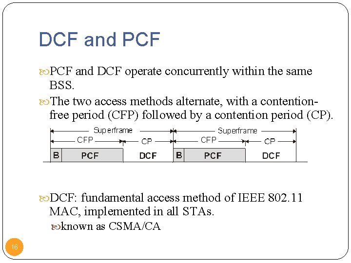 DCF and PCF and DCF operate concurrently within the same BSS. The two access