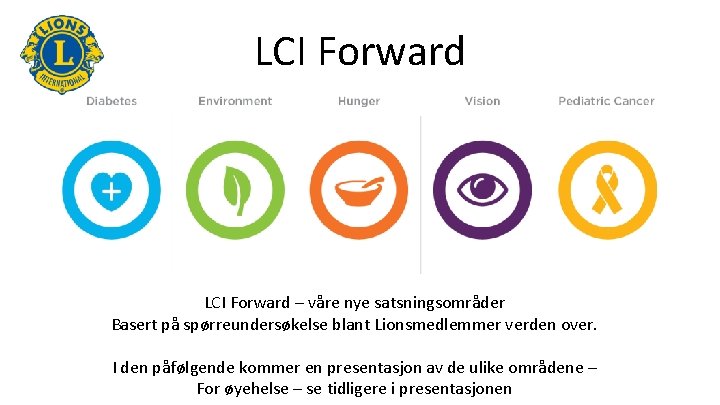 LCI Forward – våre nye satsningsområder Basert på spørreundersøkelse blant Lionsmedlemmer verden over. I