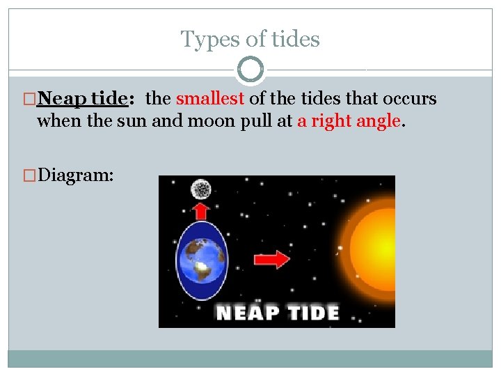 Types of tides �Neap tide: the smallest of the tides that occurs when the