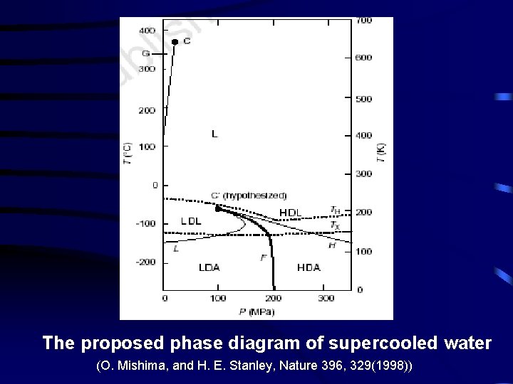 The proposed phase diagram of supercooled water (O. Mishima, and H. E. Stanley, Nature