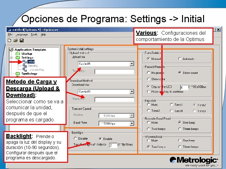 Opciones de Programa: Settings -> Initial Various: Configuraciones del comportamiento de la Optimus Metodo