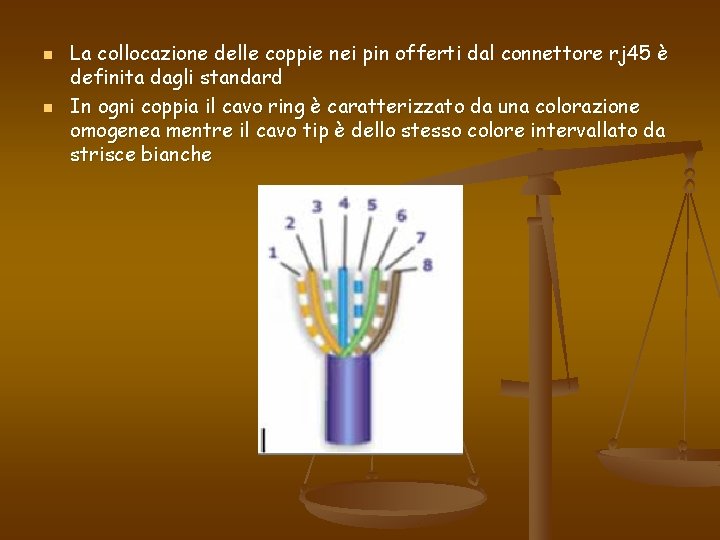 n n La collocazione delle coppie nei pin offerti dal connettore rj 45 è