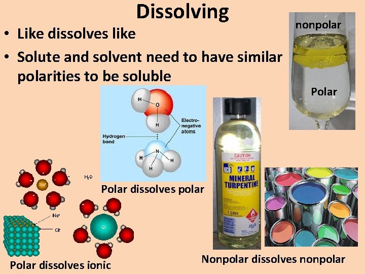 Dissolving • Like dissolves like • Solute and solvent need to have similar polarities