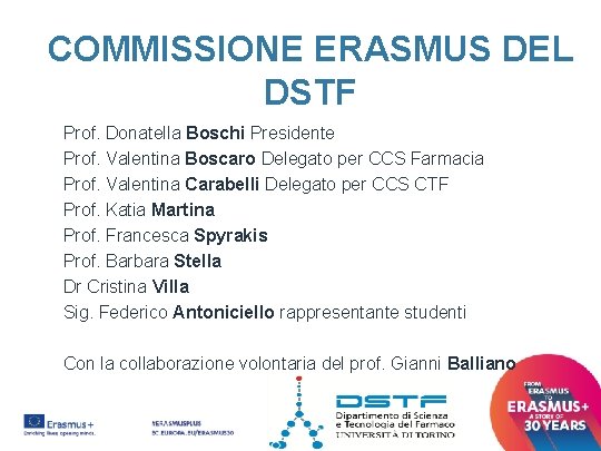 COMMISSIONE ERASMUS DEL DSTF Prof. Donatella Boschi Presidente Prof. Valentina Boscaro Delegato per CCS