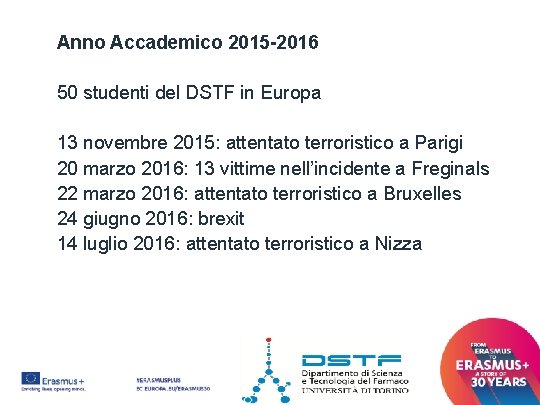 Anno Accademico 2015 -2016 50 studenti del DSTF in Europa 13 novembre 2015: attentato