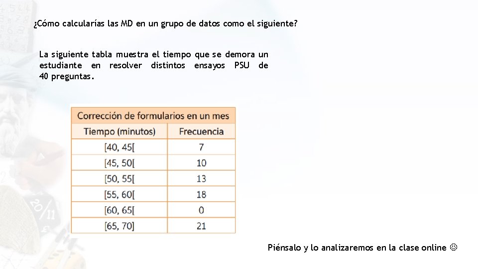 ¿Cómo calcularías las MD en un grupo de datos como el siguiente? La siguiente