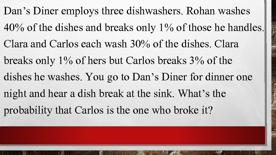 Dan’s Diner employs three dishwashers. Rohan washes 40% of the dishes and breaks only