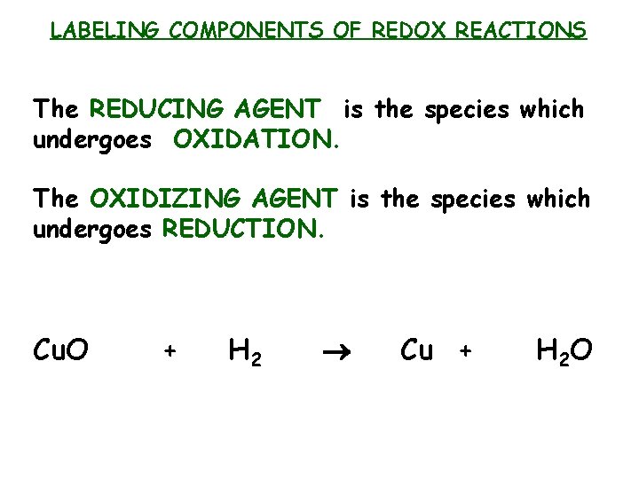 LABELING COMPONENTS OF REDOX REACTIONS The REDUCING AGENT is the species which undergoes OXIDATION.