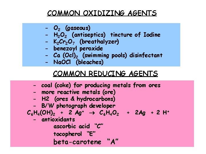 COMMON OXIDIZING AGENTS - O 2 (gaseous) H 2 O 2 (antiseptics) tincture of