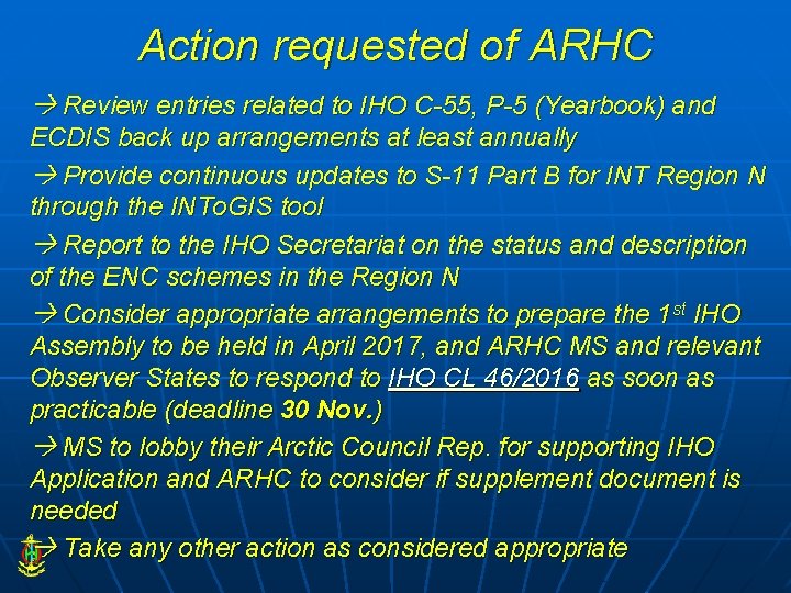 Action requested of ARHC Review entries related to IHO C-55, P-5 (Yearbook) and ECDIS