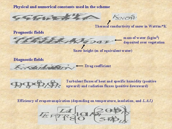 Physical and numerical constants used in the scheme Thermal conductivity of snow in Watt/m/o.