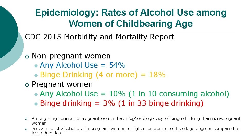 Epidemiology: Rates of Alcohol Use among Women of Childbearing Age CDC 2015 Morbidity and