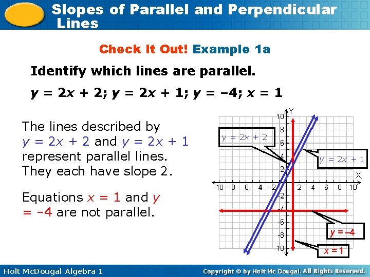 Slopes of Parallel and Perpendicular Lines Check It Out! Example 1 a Identify which