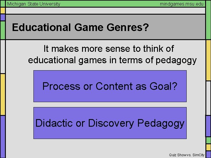 Michigan State University mindgames. msu. edu Educational Game Genres? It makes more sense to