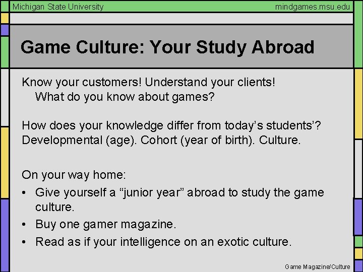 Michigan State University mindgames. msu. edu Game Culture: Your Study Abroad Know your customers!