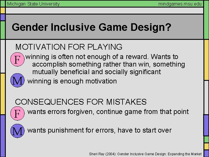 Michigan State University mindgames. msu. edu Gender Inclusive Game Design? MOTIVATION FOR PLAYING F