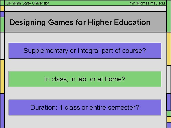 Michigan State University mindgames. msu. edu Designing Games for Higher Education Supplementary or integral