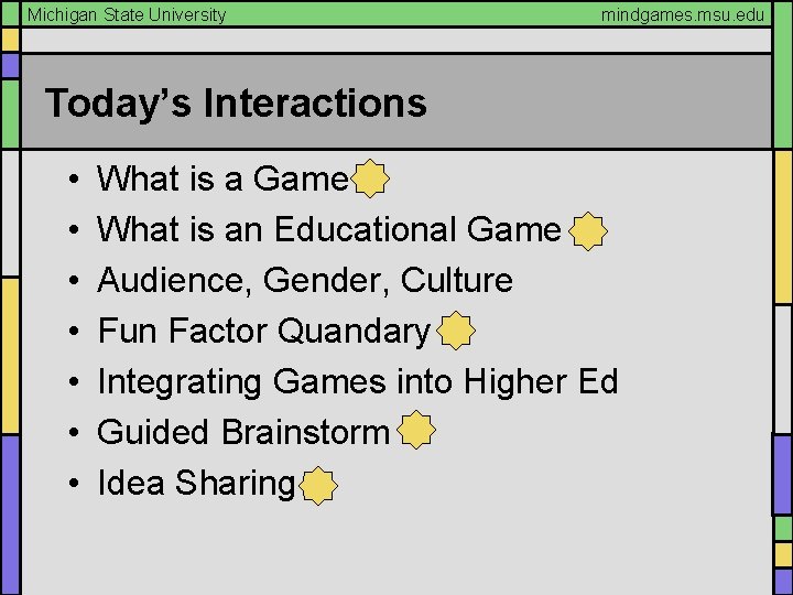 Michigan State University mindgames. msu. edu Today’s Interactions • • What is a Game