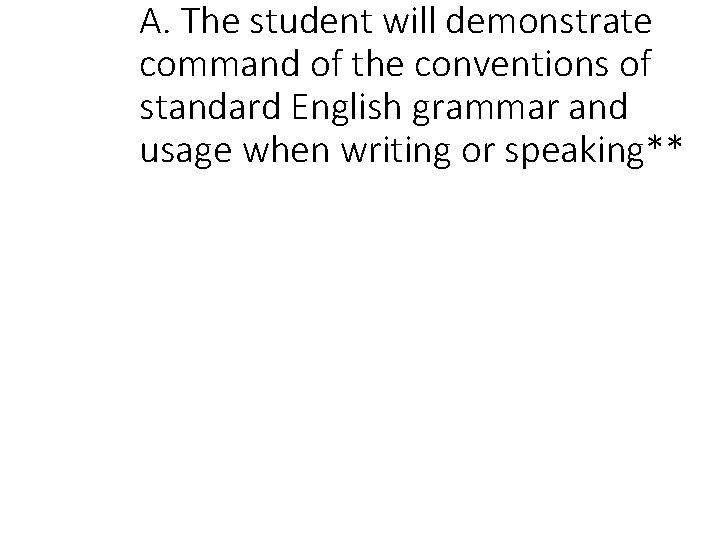 A. The student will demonstrate command of the conventions of standard English grammar and